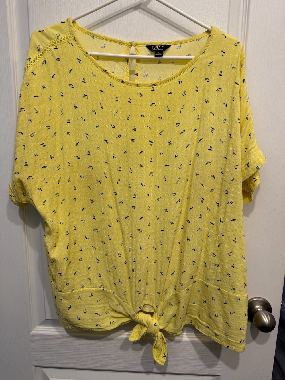 Buffalo David Bitton Yellow Short-Sleeve Tie-Front Tunic with Navy Dot Motif